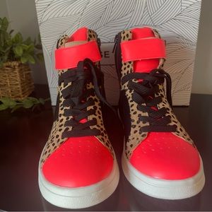 Chase + Chloe Leopard Print High-Top Sneakers with Neon Red Accents